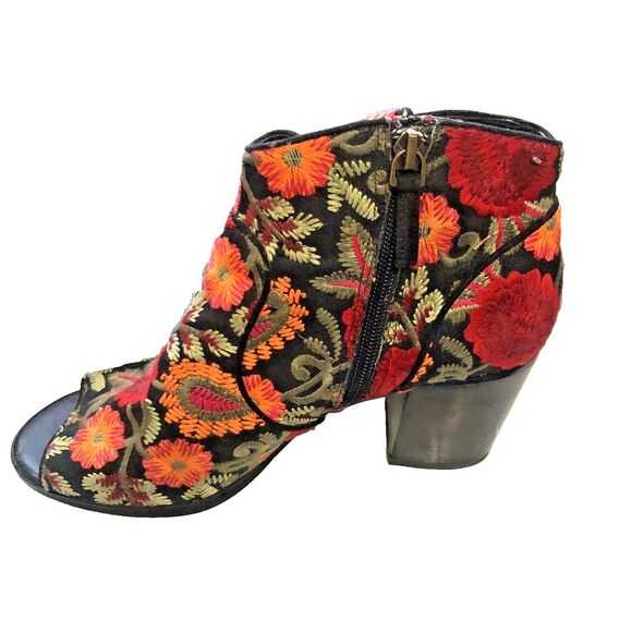 Embroidered Open Toe Black Orange Red Floral Fabric Womens 8.5 Ankle Boot Boho - Picture 5 of 11
